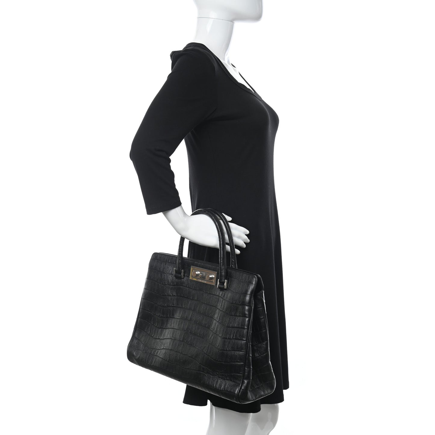 Calfskin Crocodile Embossed Medium Trois Class Tote Black