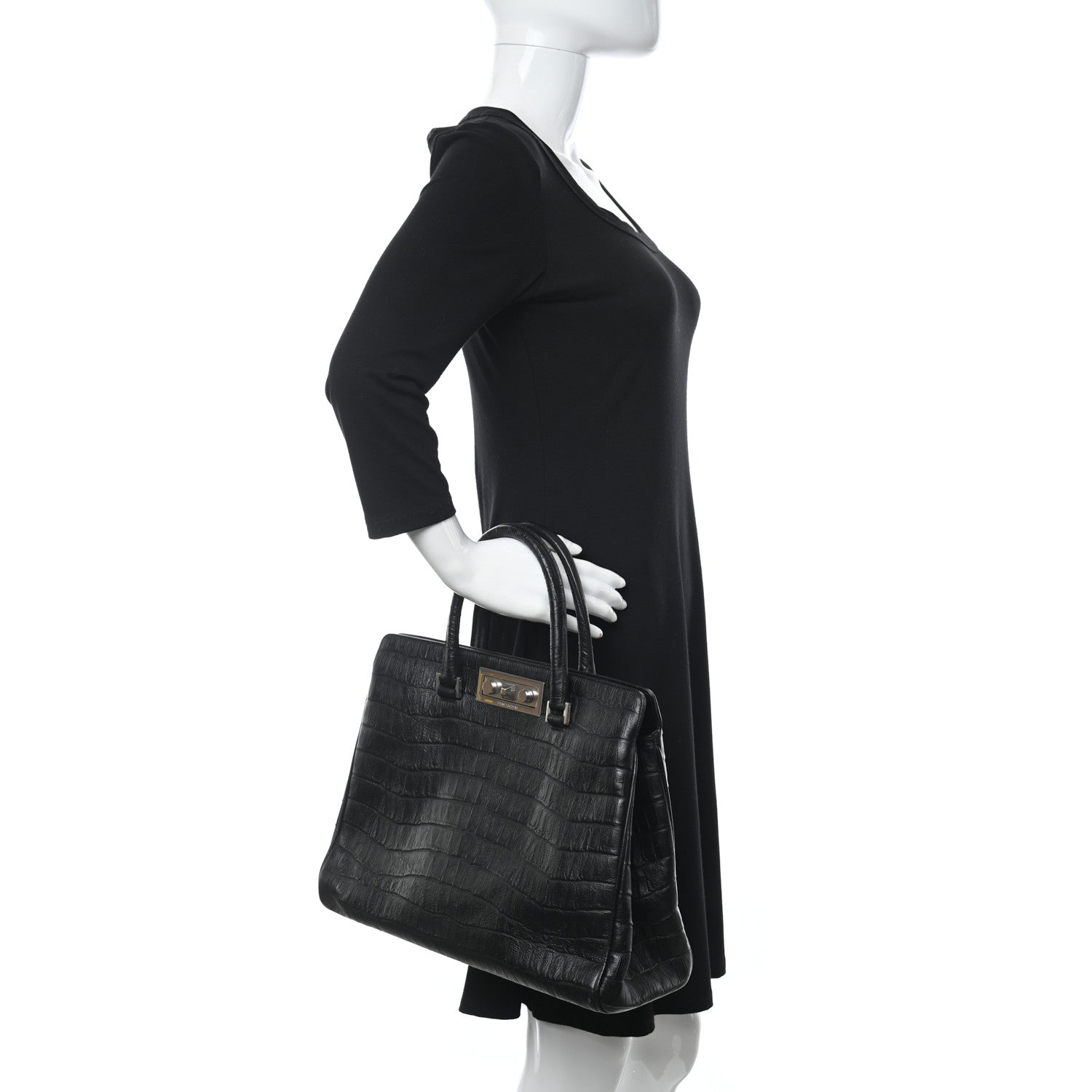 Saint Laurent Calfskin Crocodile Embossed Medium Trois Class Tote Black 3 of 5