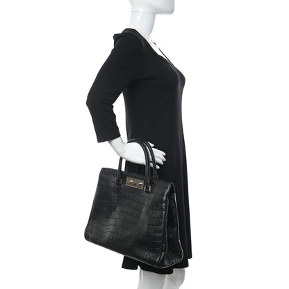 Saint Laurent Calfskin Crocodile Embossed Medium Trois Class Tote Black 3 of 5