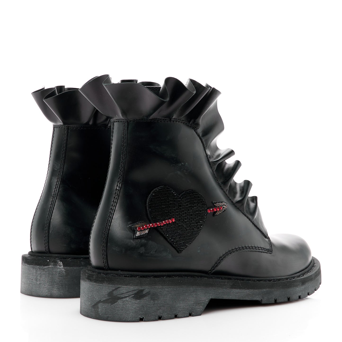VALENTINO GARAVANI Calfskin Ruffle Heart Love Combat Boots 41 Black