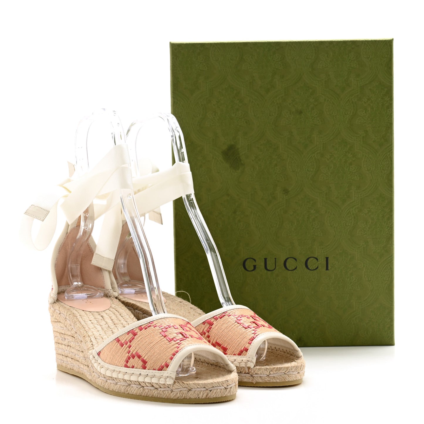 GG Raffia Monogram Ankle Wrap Platform Espadrille Wedge Sandals 40 Beige