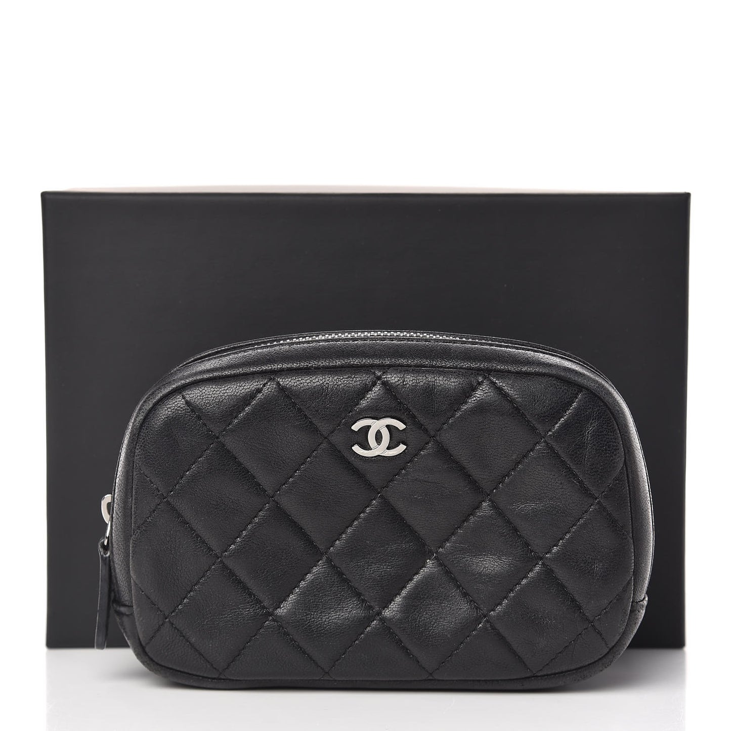 Lambskin Quilted Small Curvy Pouch Cosmetic Case Black
