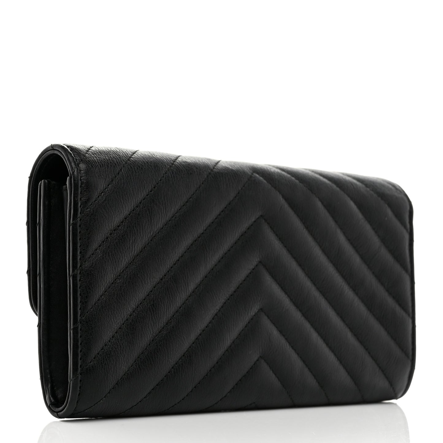 Lambskin Chevron Quilted Large Gusset Flap Wallet Black