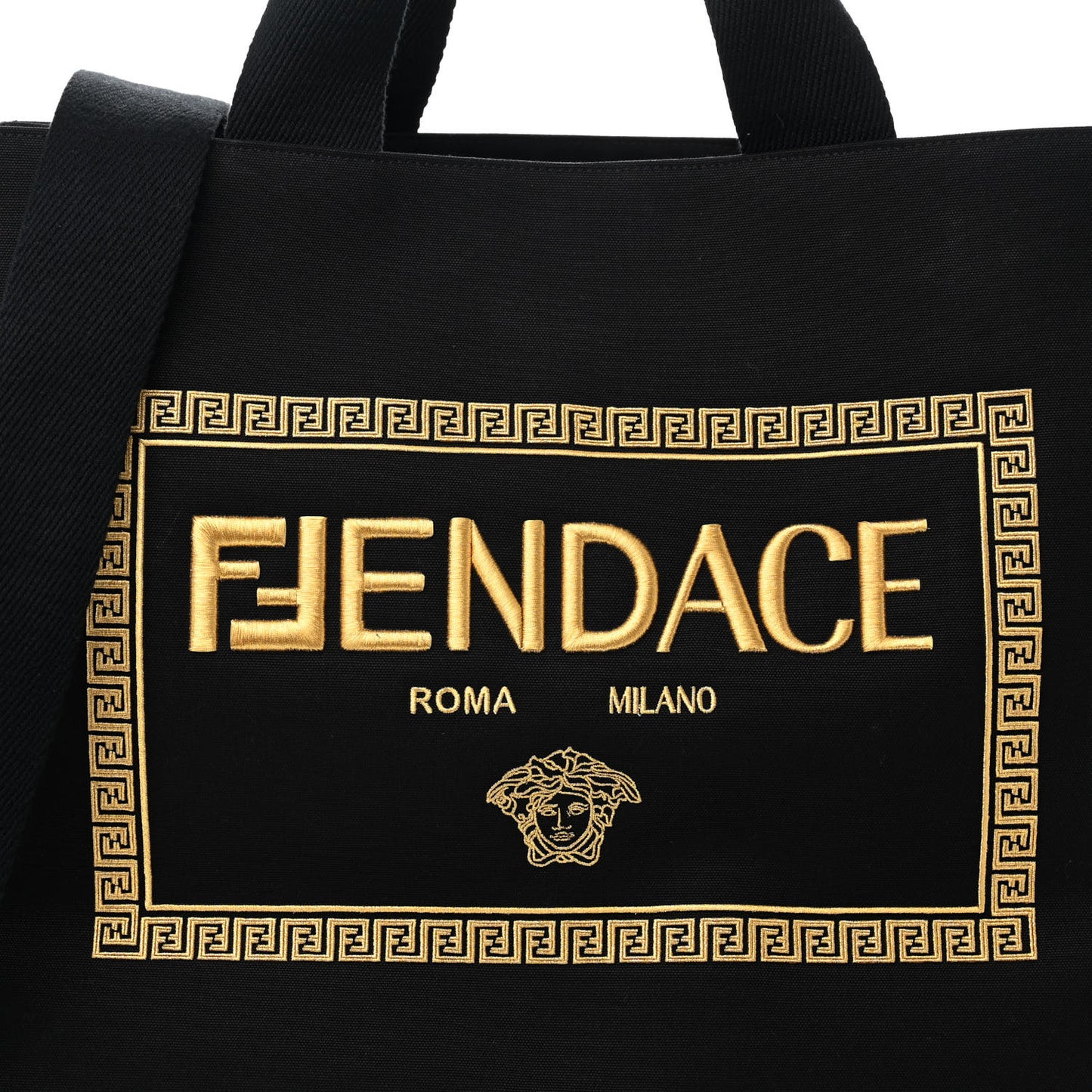X VERSACE Canvas Fendace Logo Large Shopping Tote Black