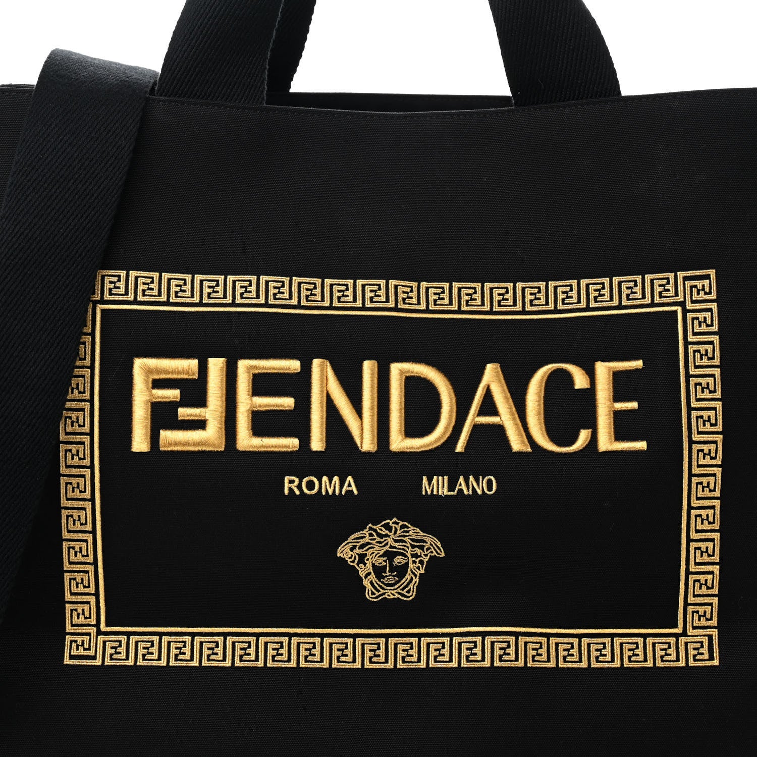 Fendi X VERSACE Canvas Fendace Logo Large Shopping Tote Black 7 of 9