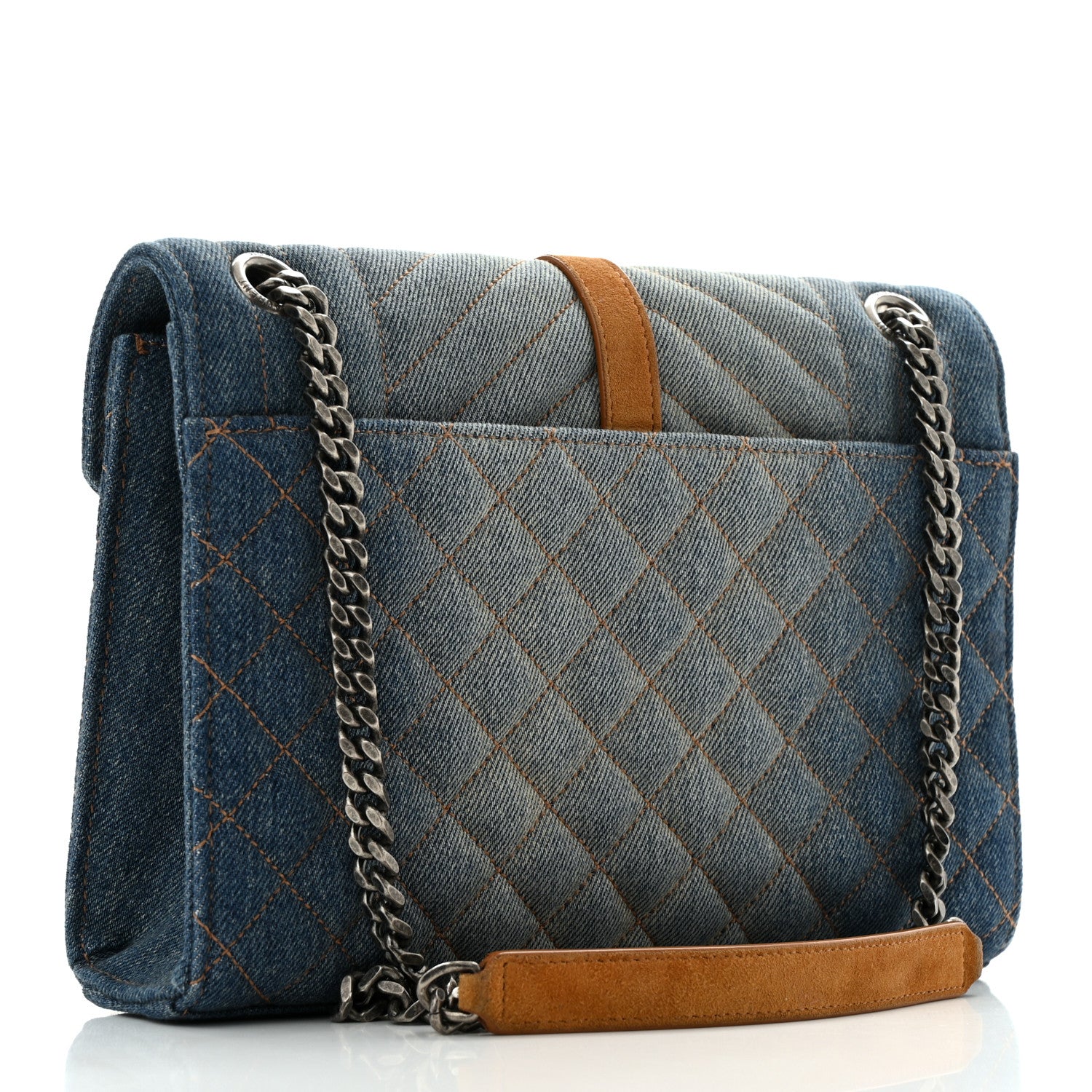 Saint Laurent Denim Mixed Matelasse Triquilt Medium Monogram Envelope Satchel Blue 3 of 13