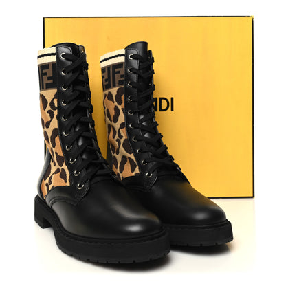 Fendi Calfskin Stretch Fabric FF Leopard Rockoko Biker Boots 39.5 Black 8 of 8