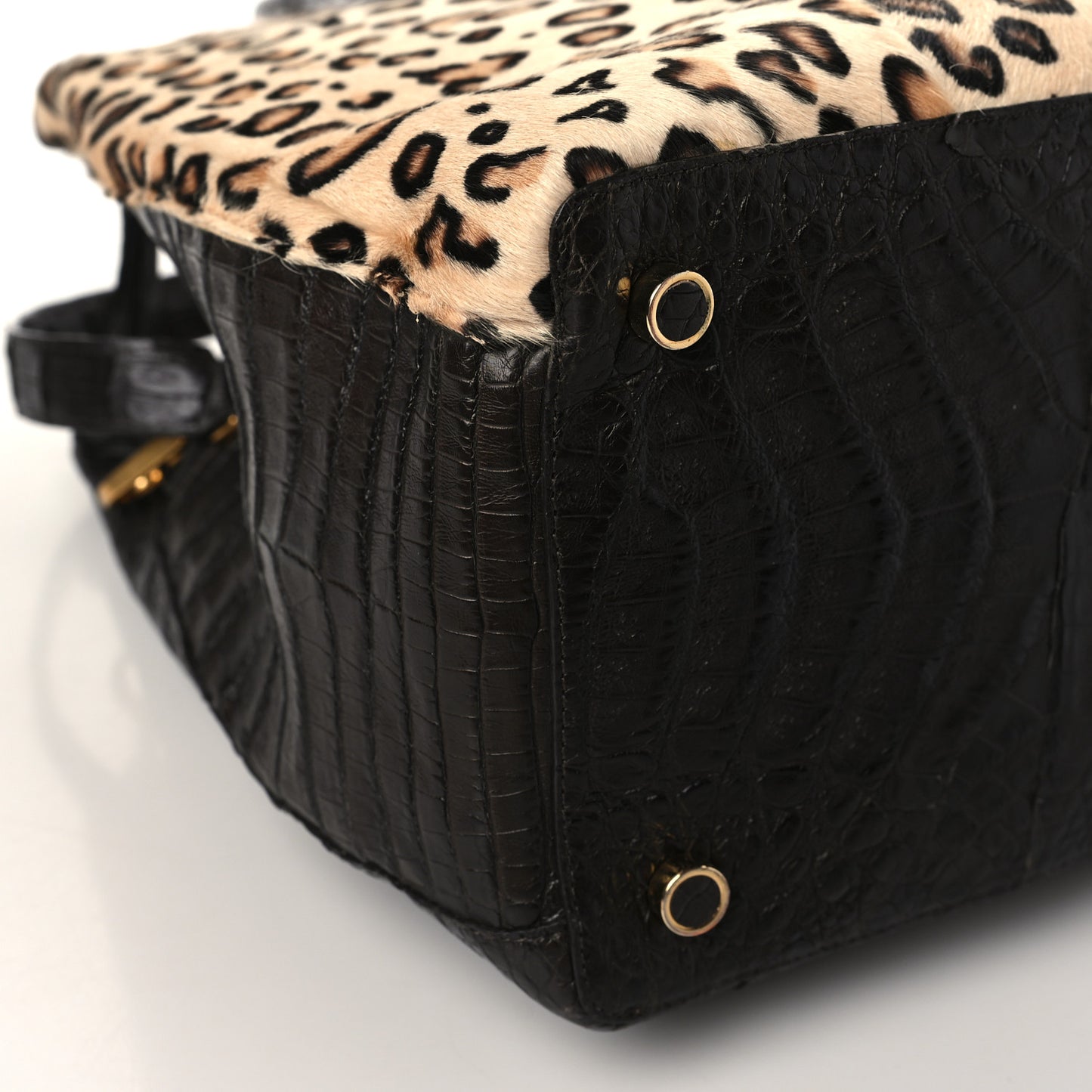 Crocodile Calf Hair Leopard Print Satchel Dark Brown