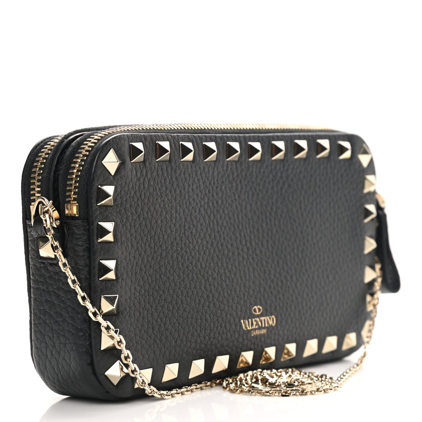 Pebbled Calfskin Rockstud Chain Pouch Shoulder Bag Black