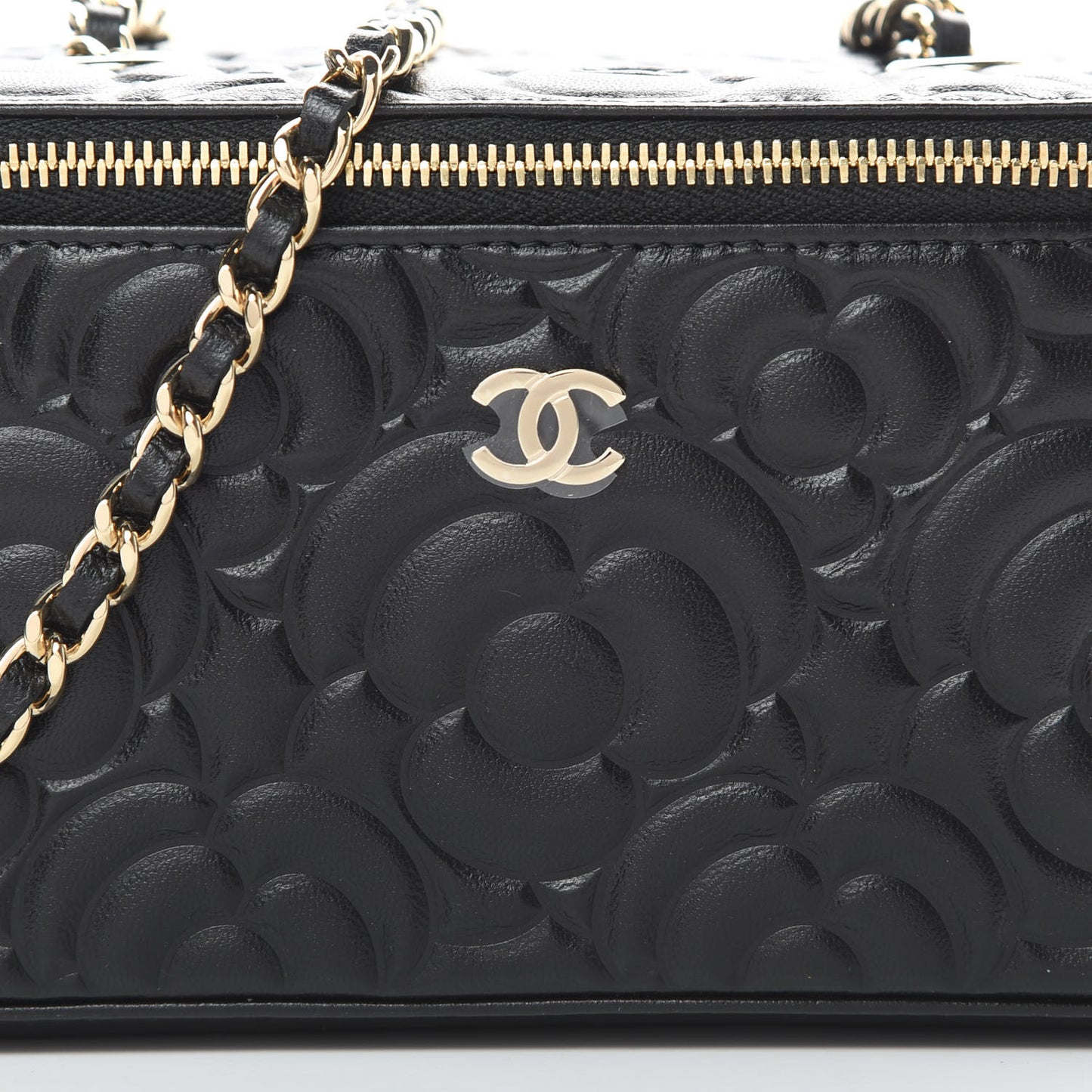Lambskin Camellia Embossed Small Vanity Case With Chain Black