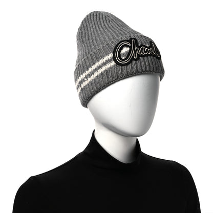 Chanel Cashmere Logo Beanie Hat Gray White 2 of 6