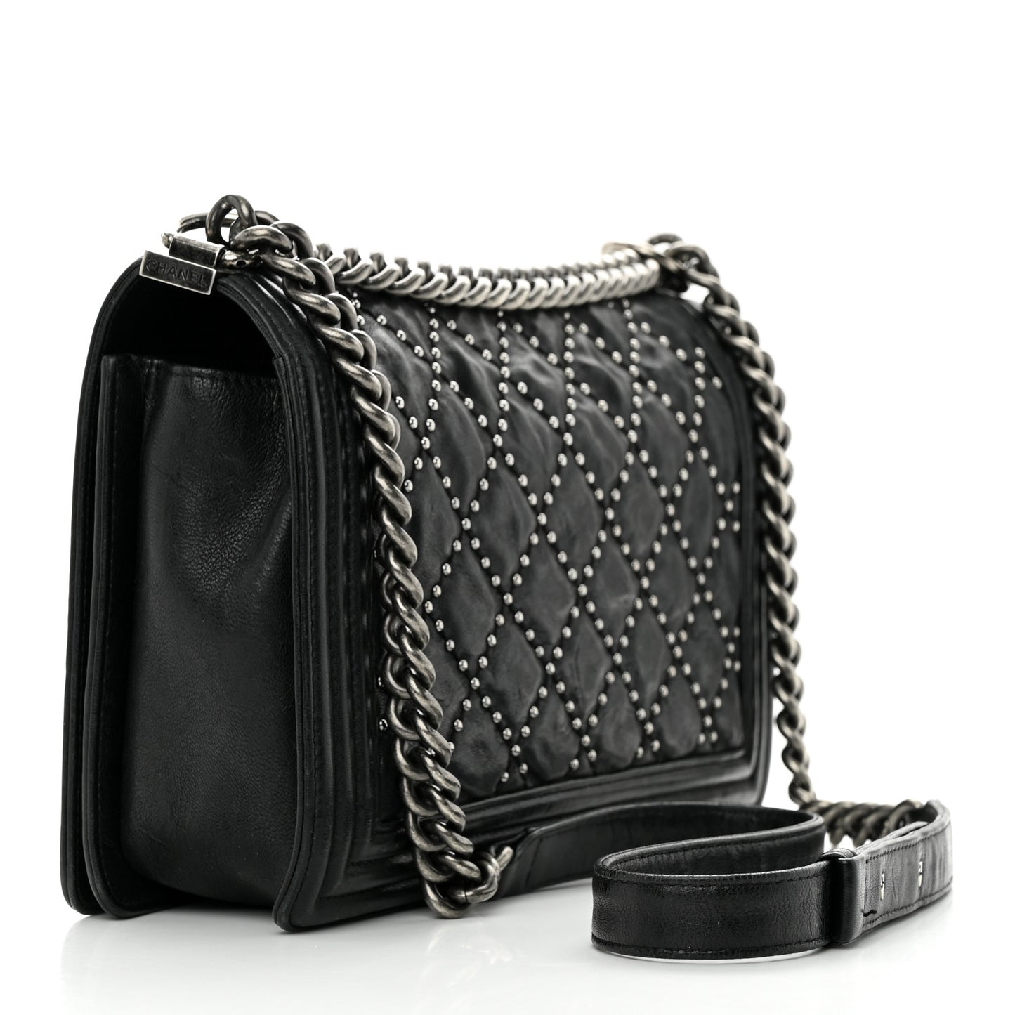 Crumpled Lambskin New Medium Studded Boy Flap Black