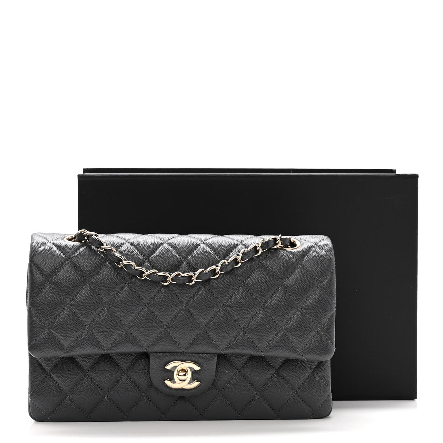 Caviar Quilted Medium Double Flap Dark Grey