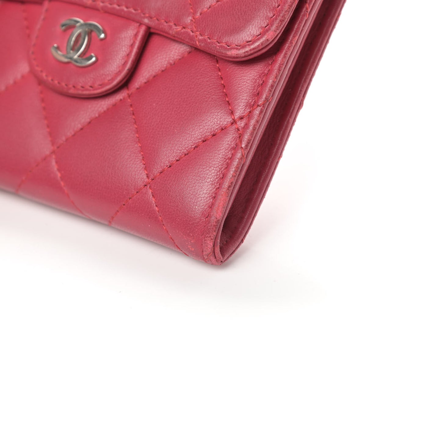 Lambskin Quilted Flap Card Holder Wallet Dark Pink