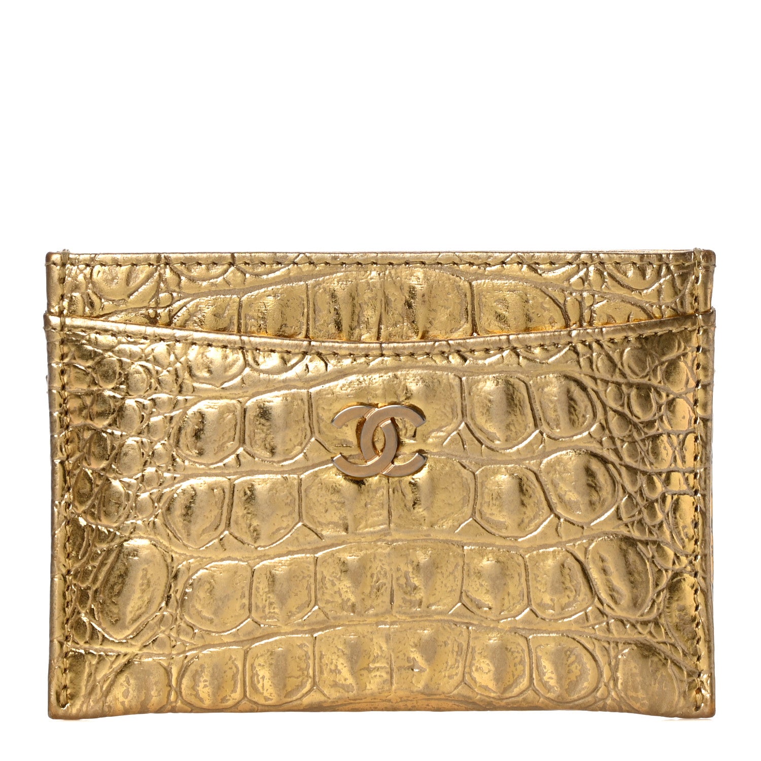 Chanel Metallic Calfskin Crocodile Embossed Cocodile Card Holder Gold 1 of 11