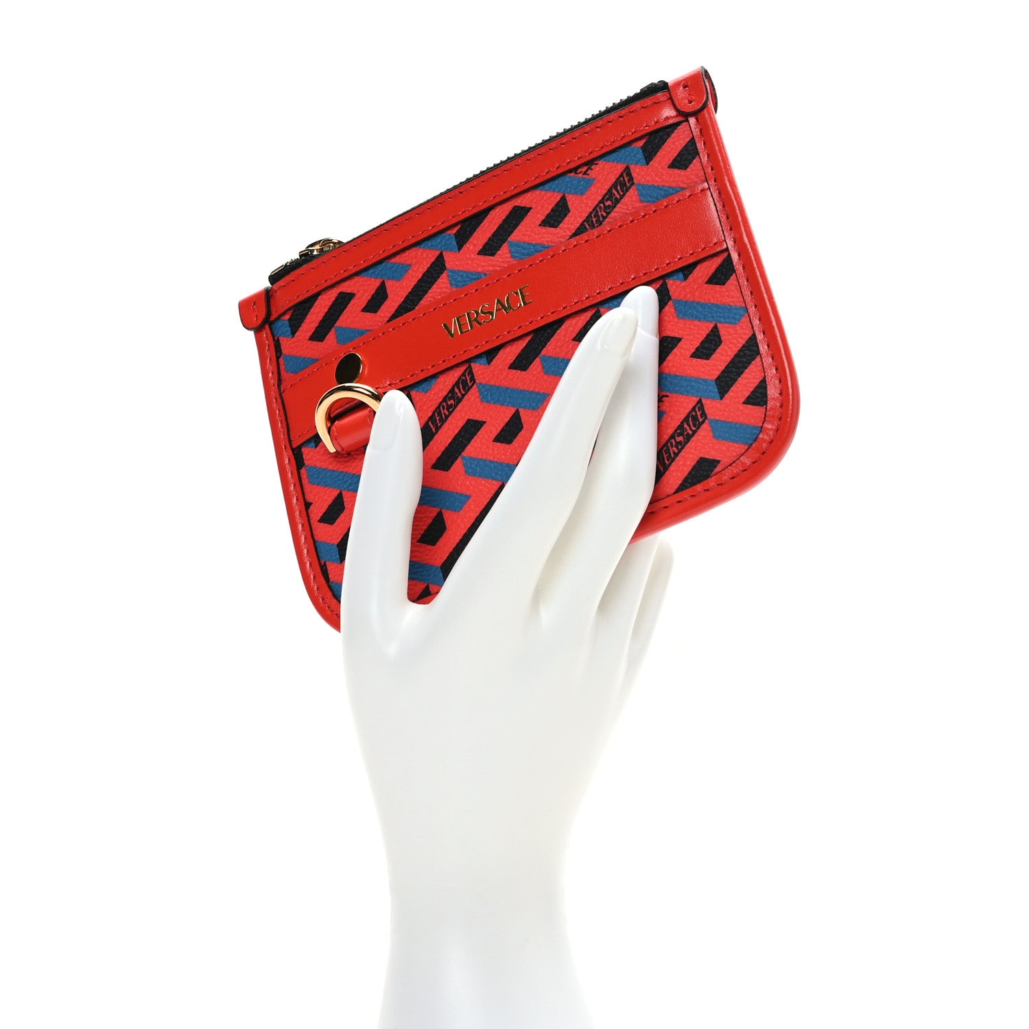 Versace Coated Canvas Calfskin La Greca Modular Zip Pouch Blue Red 2 of 6