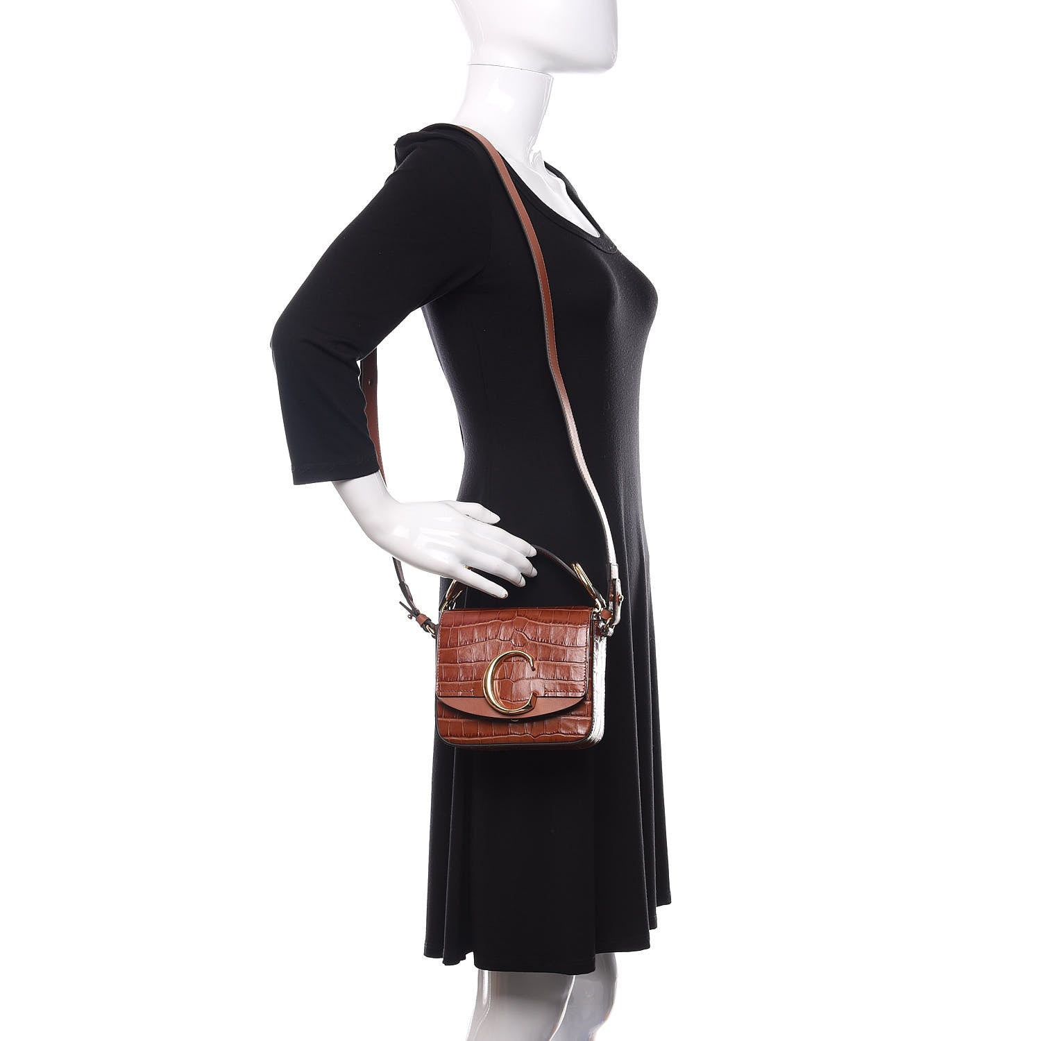 Chloe Calfskin Crocodile Embossed Mini C Double Carry Chestnut Brown 2 of 8