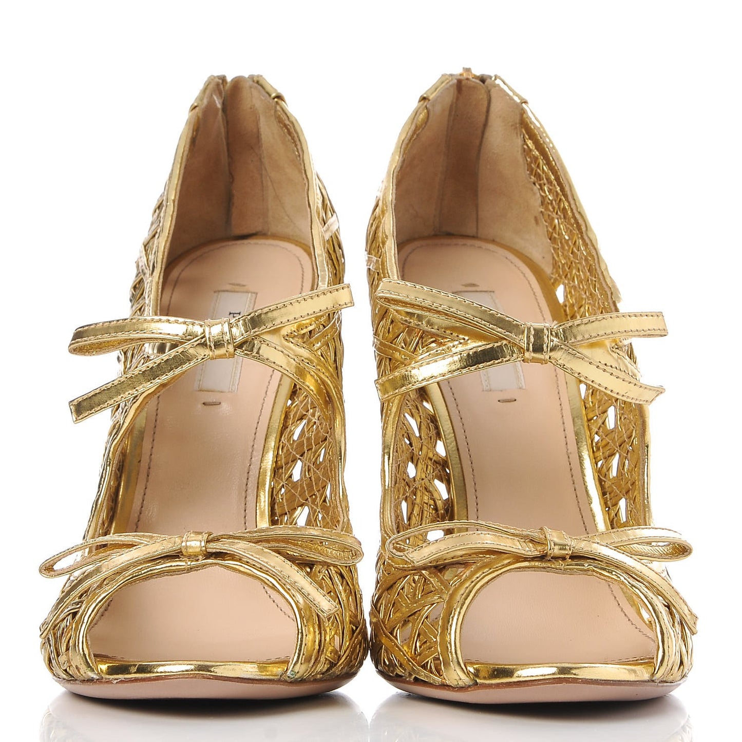 Metallic Calfskin Woven Bow Peep Toe Pumps 39 Gold