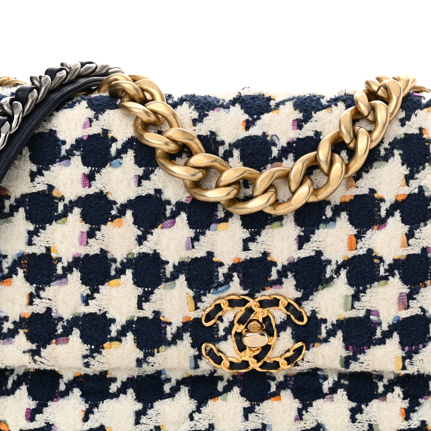 Chanel Tweed Quilted Large Chanel 19 Flap Ecru Navy Blue Multicolor 8 of 13