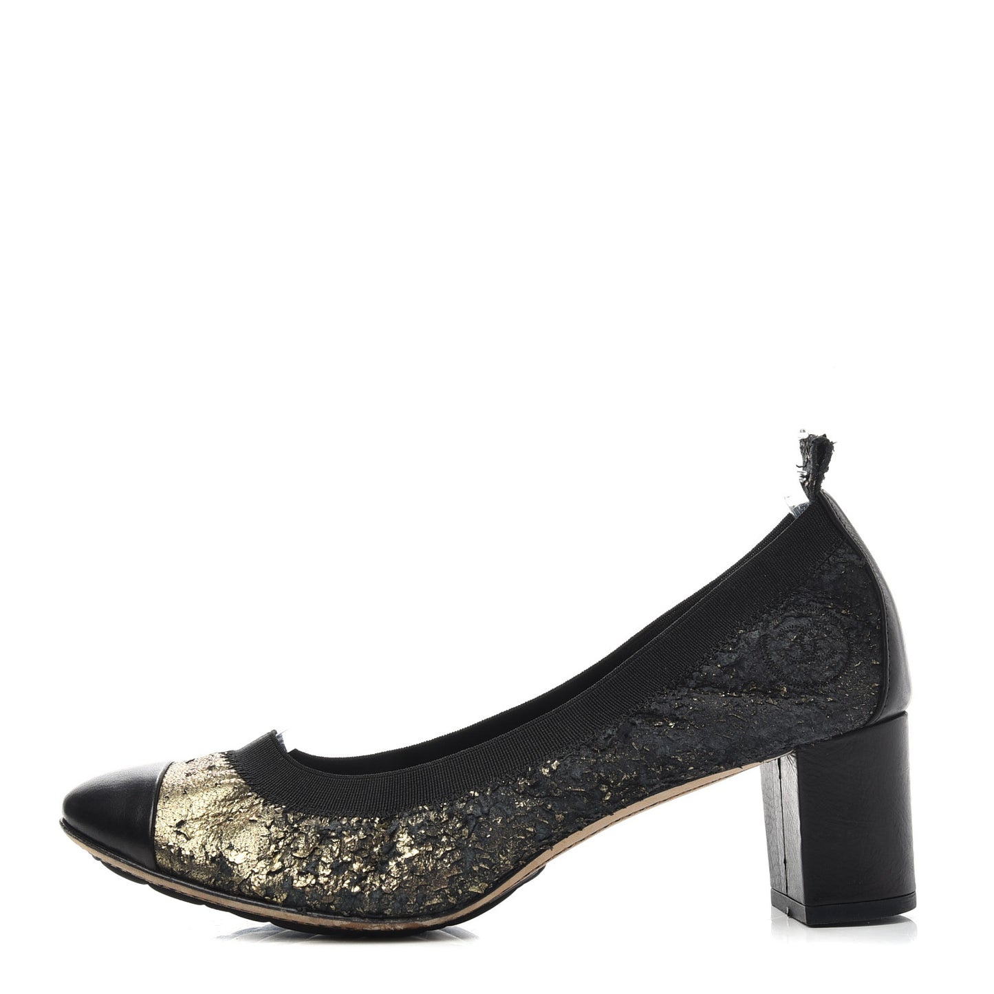 Metallic Lambskin Cap Toe CC Elastic Stretch Pumps 38 Black