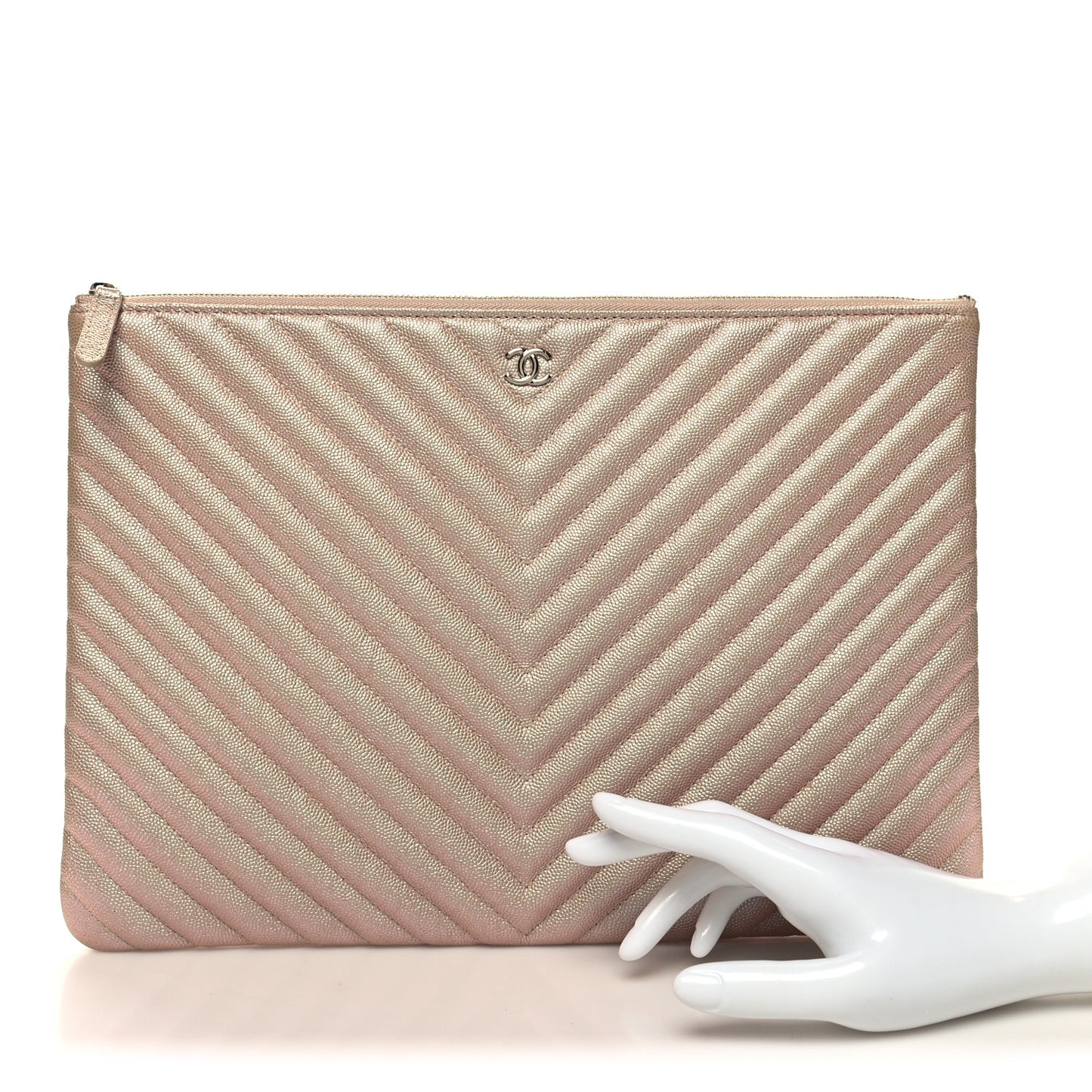 Iridescent Caviar Chevron Quilted Medium Cosmetic Case Light Gold