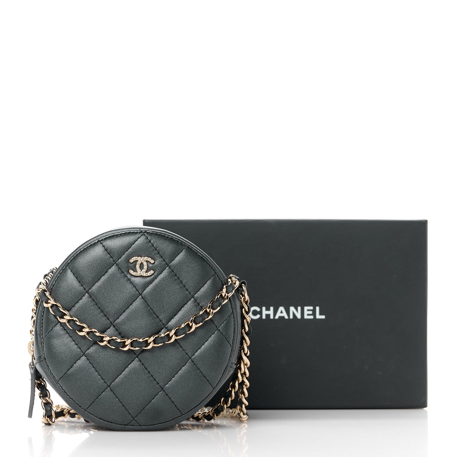 Chanel Iridescent Lambskin Quilted Pearl Round Clutch With Chain Black 11 of 11