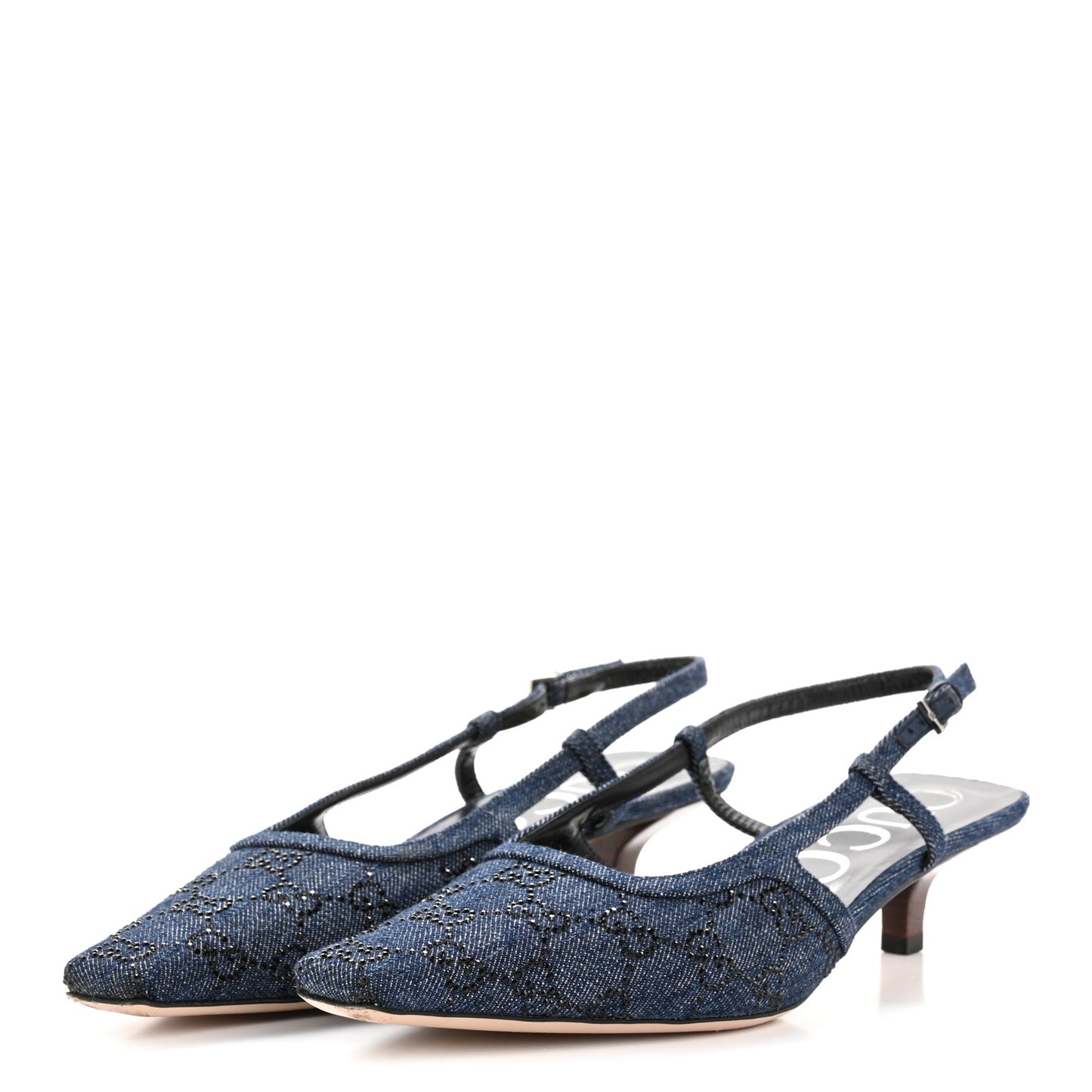 Denim GG Monogram Malaga Kid Crystal Square G 35mm Slingback Pumps 40 Blue