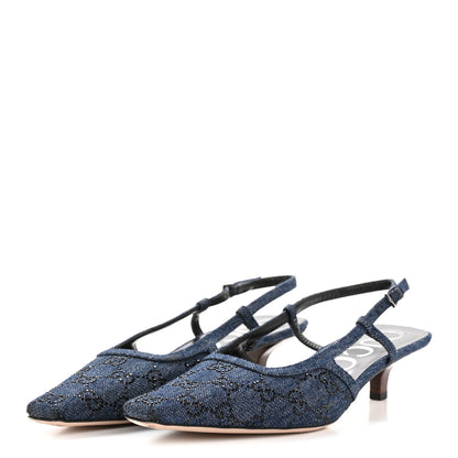 Gucci Denim GG Monogram Malaga Kid Crystal Square G 35mm Slingback Pumps 40 Blue 4 of 10