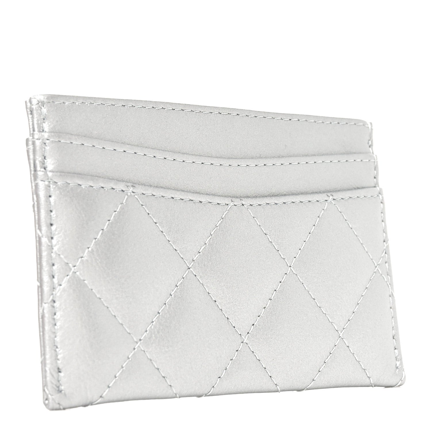 Chanel Metallic Lambskin Quilted CC Card Holder Silver 3 of 9