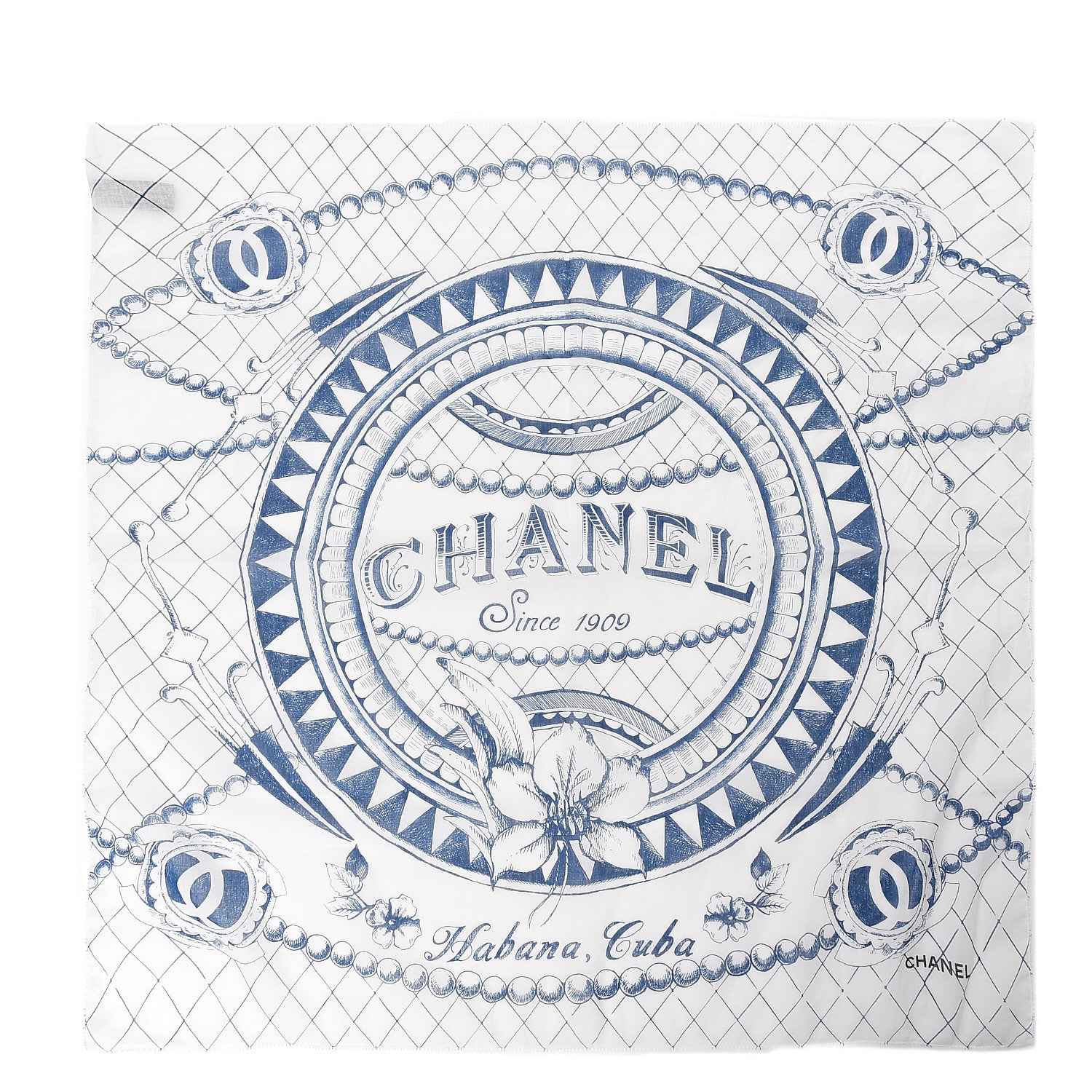 Chanel Cotton Havana Cuba Scarf White Blue 1 of 2