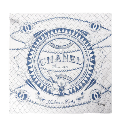 Chanel Cotton Havana Cuba Scarf White Blue 1 of 2