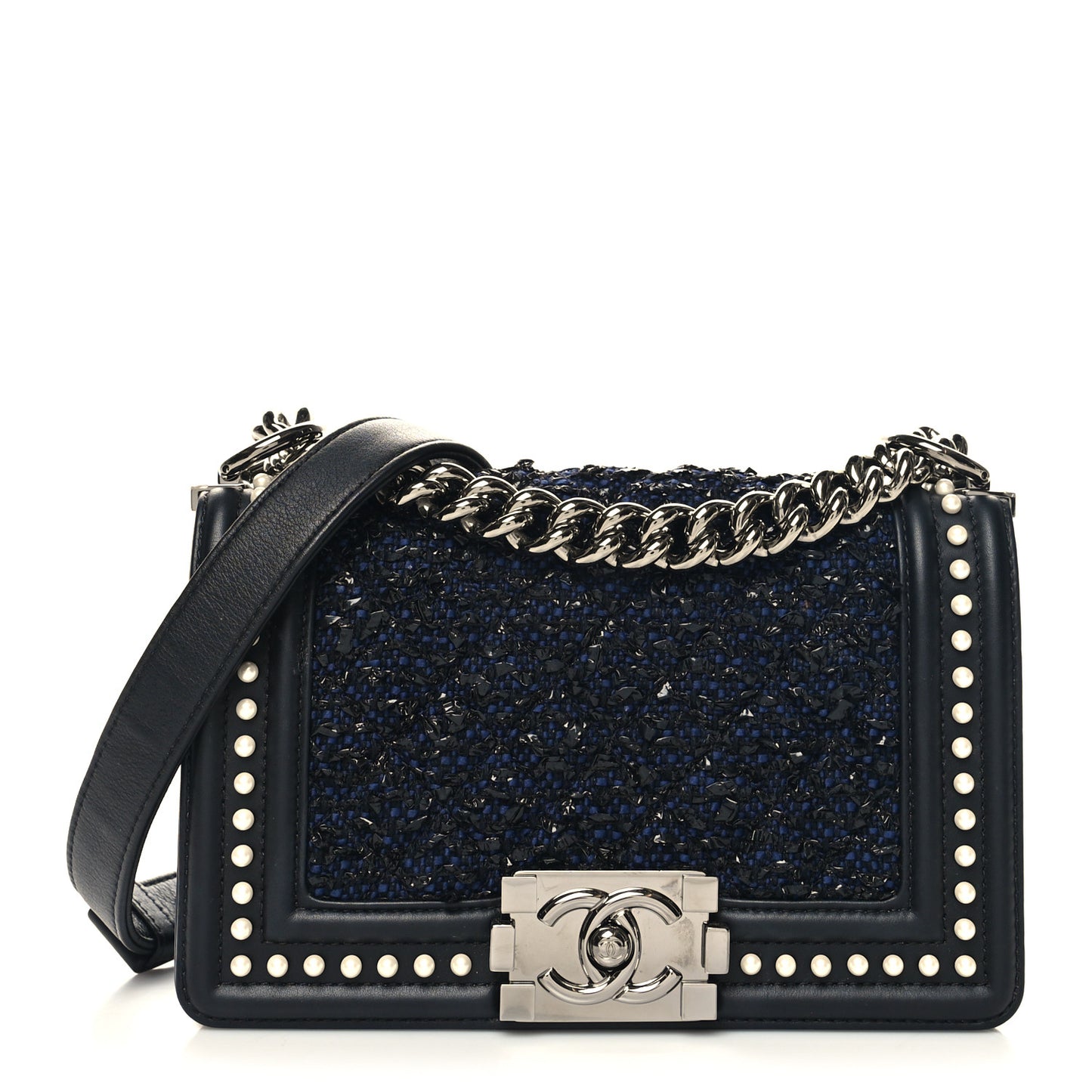 Calfskin Pearl Tweed Small Boy Flap Black