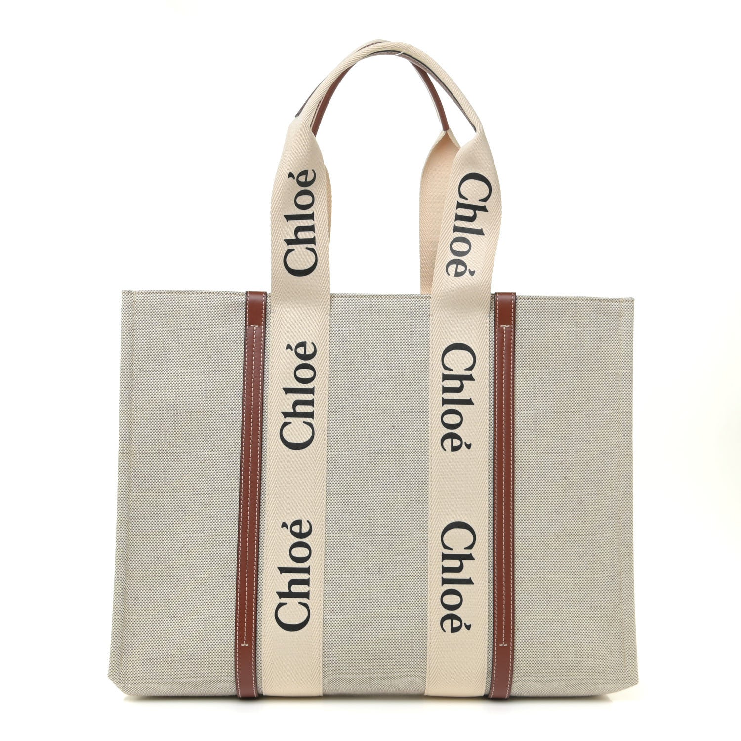 Chloe Cotton Calfskin Large Woody Ribbon Tote White Brown 1 of 12
