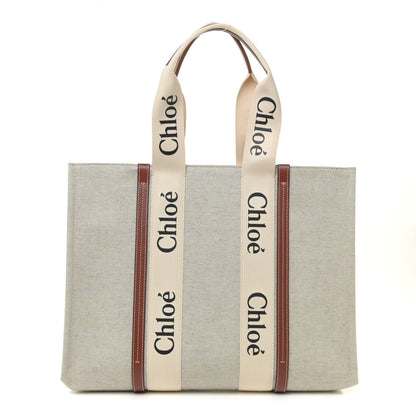 Chloe Cotton Calfskin Large Woody Ribbon Tote White Brown 1 of 12