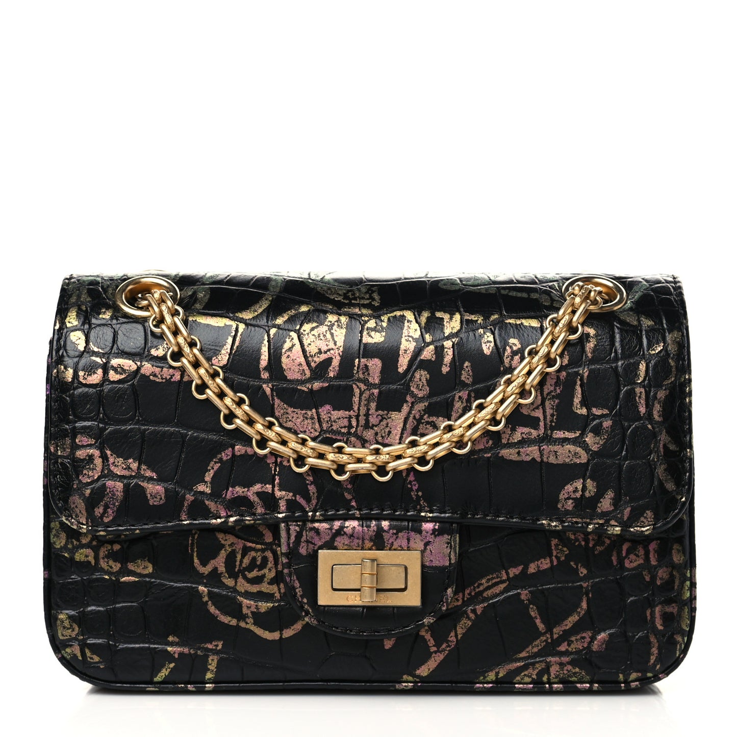 Calfskin Crocodile Embossed Graffiti 2.55 Mini Cocodile Reissue Flap Black Pink