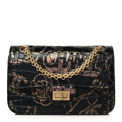 Chanel Calfskin Crocodile Embossed Graffiti 2.55 Mini Cocodile Reissue Flap Black Pink 1 of 10