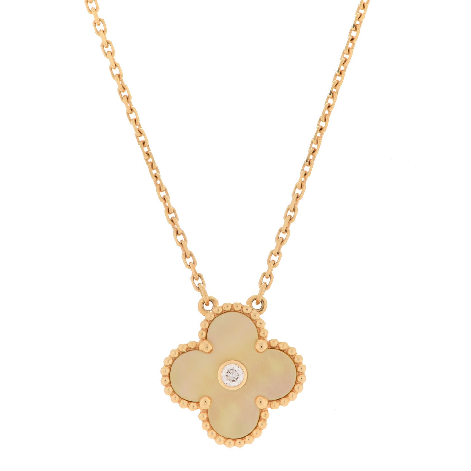 Van Cleef & Arpels 18K Yellow Gold Diamond Yellow Mother of Pearl Vintage Alhambra Pendant Necklace 4 of 6