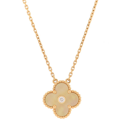 Van Cleef & Arpels 18K Yellow Gold Diamond Yellow Mother of Pearl Vintage Alhambra Pendant Necklace 4 of 6