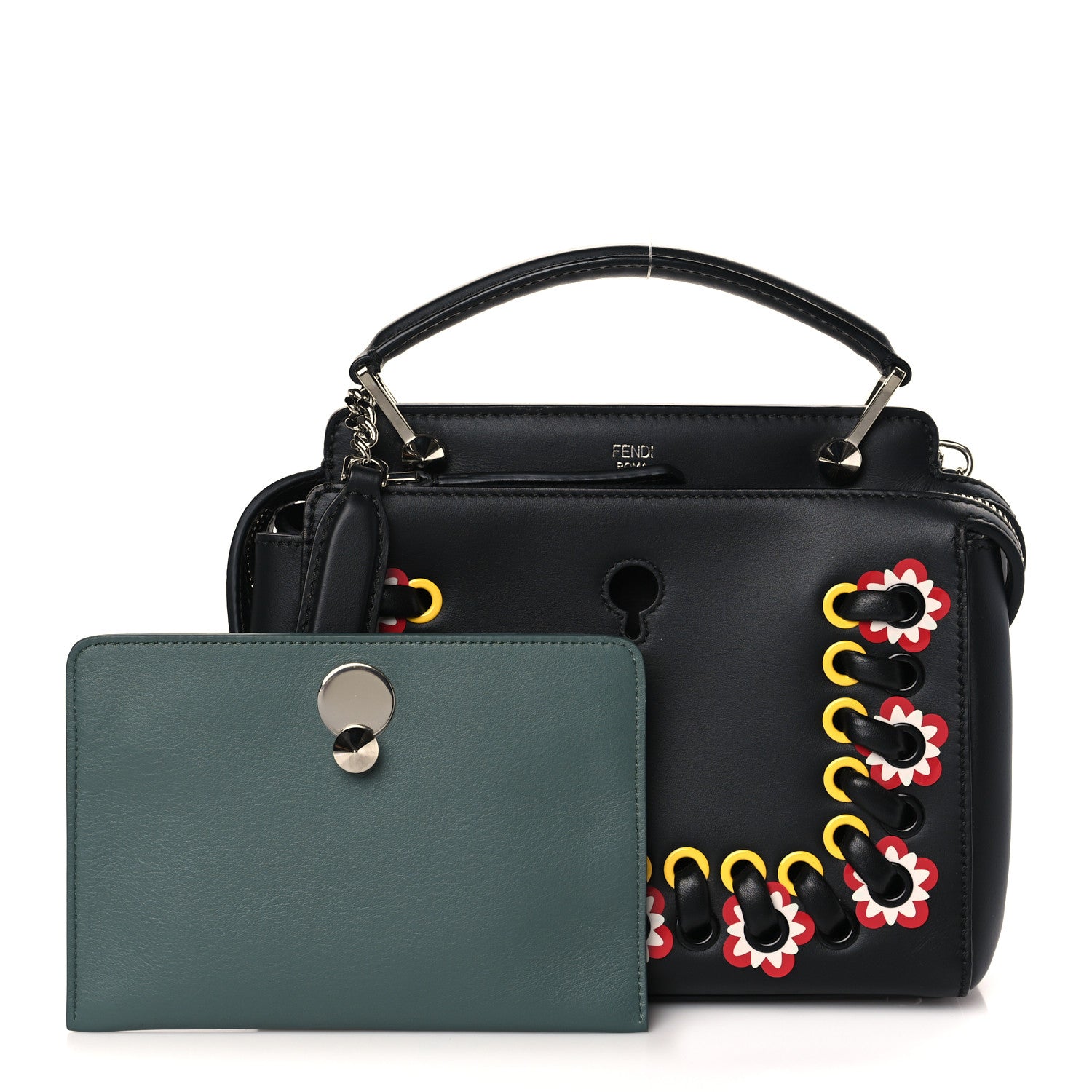 Fendi Vitello Baltico Shiny Nappa Lace Up Floral Small Dotcom Click Chain Satchel Black 1 of 11