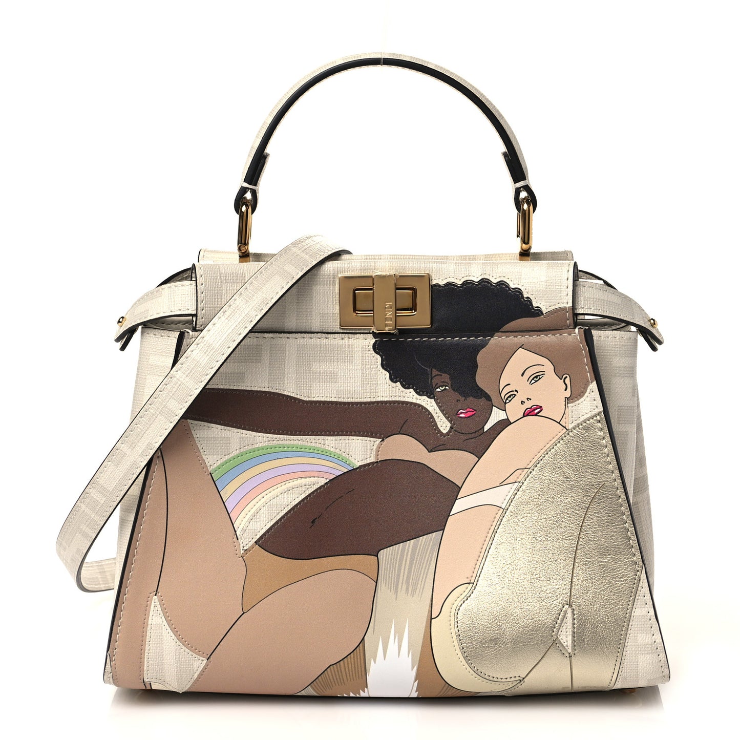 Glazed Fabric Nappa FF Disco Girls Inlay Mini Peekaboo Iconic Satchel Bianco Perla Multicolor