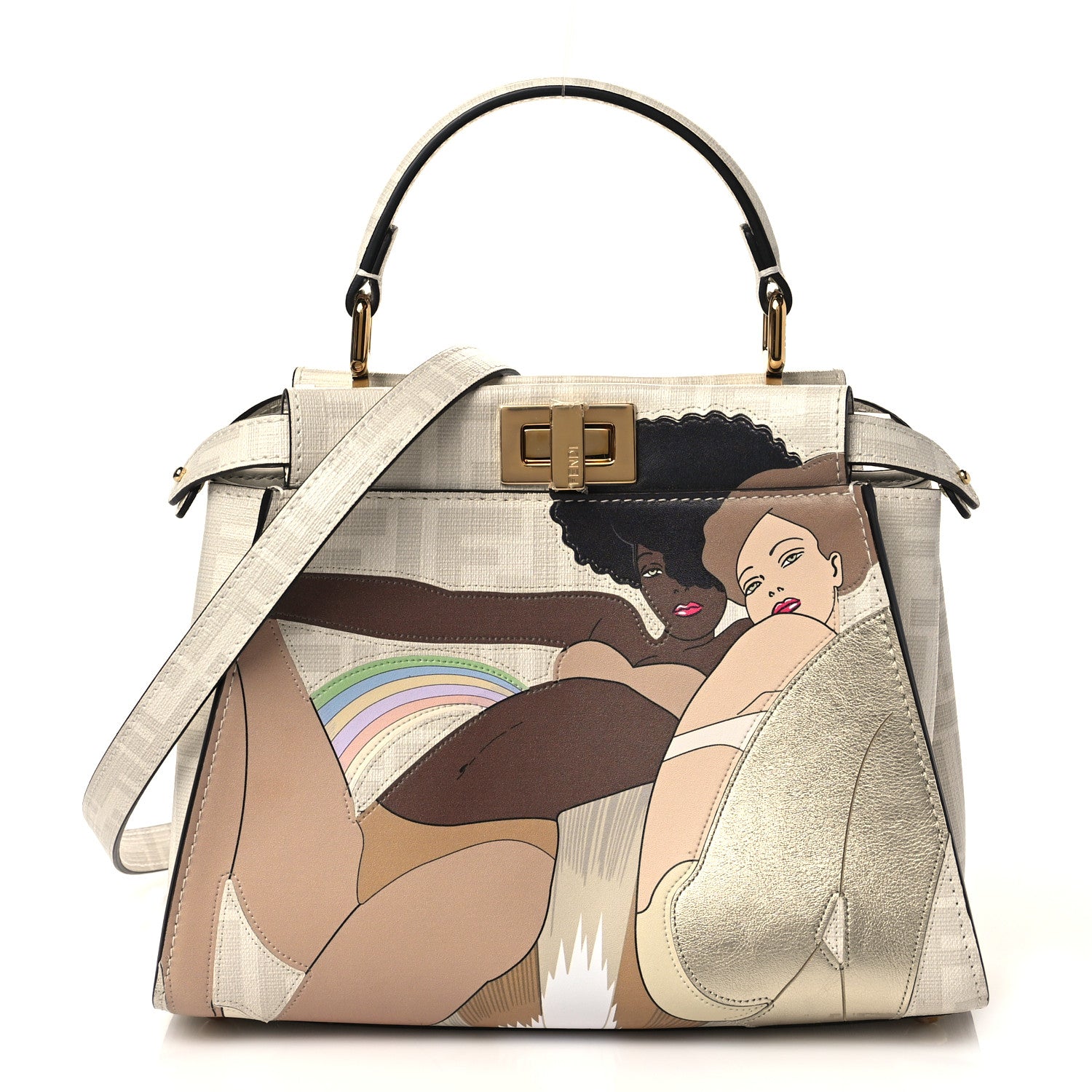 Fendi Glazed Fabric Nappa FF Disco Girls Inlay Mini Peekaboo Iconic Satchel Bianco Perla Multicolor 1 of 6