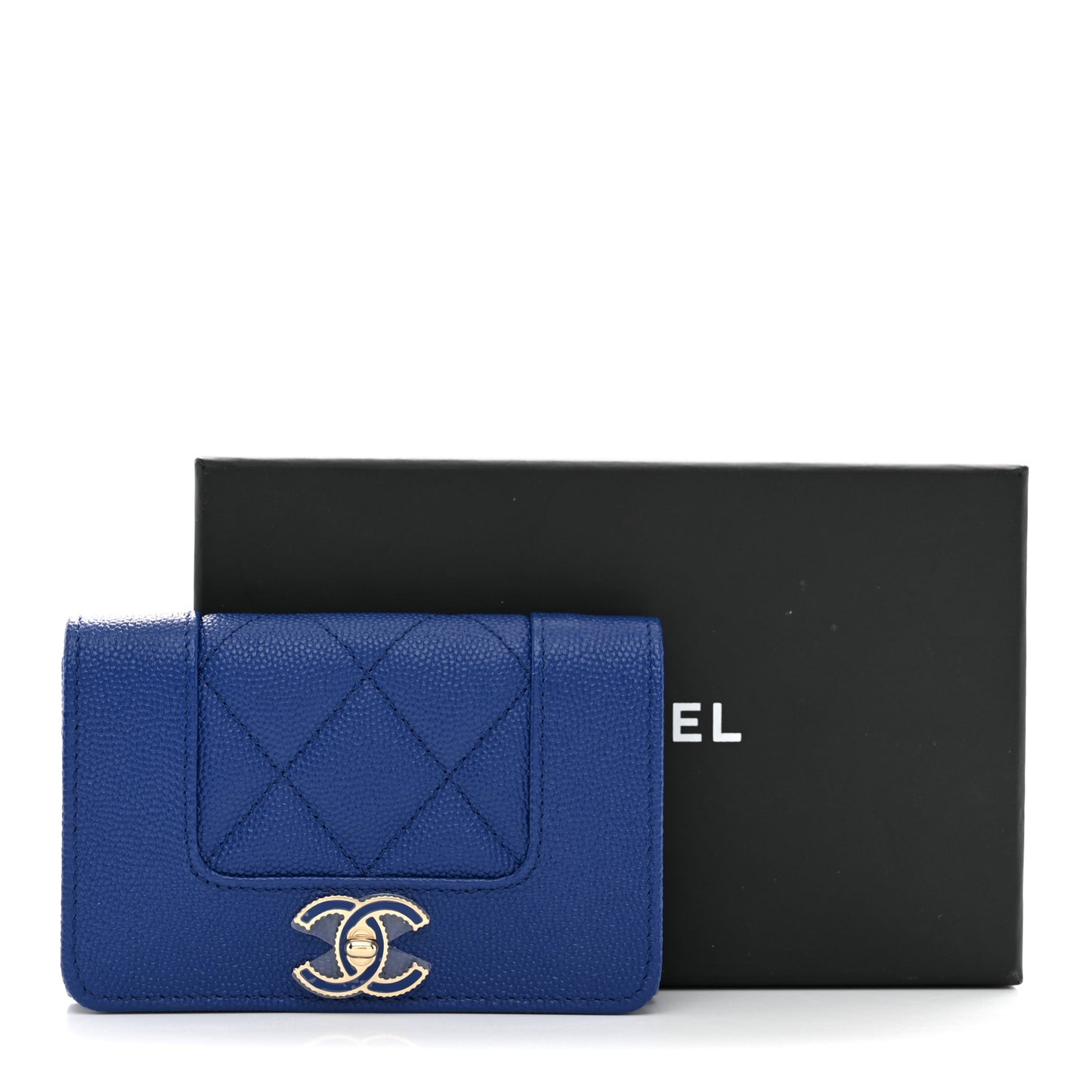 Caviar Chevron Quilted Vintage Mademoiselle Flap Card Holder Blue