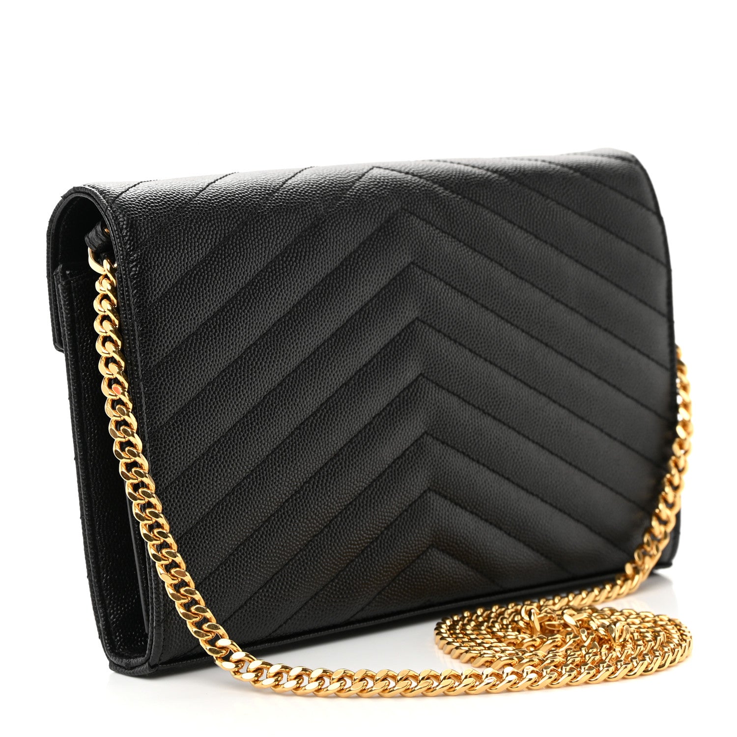 Saint Laurent Grain De Poudre Matelasse Chevron Monogram Chain Wallet Black 3 of 14