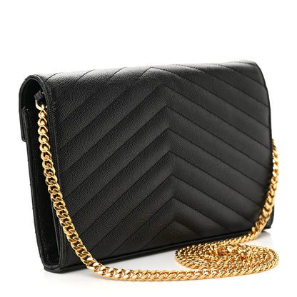 Saint Laurent Grain De Poudre Matelasse Chevron Monogram Chain Wallet Black 3 of 14