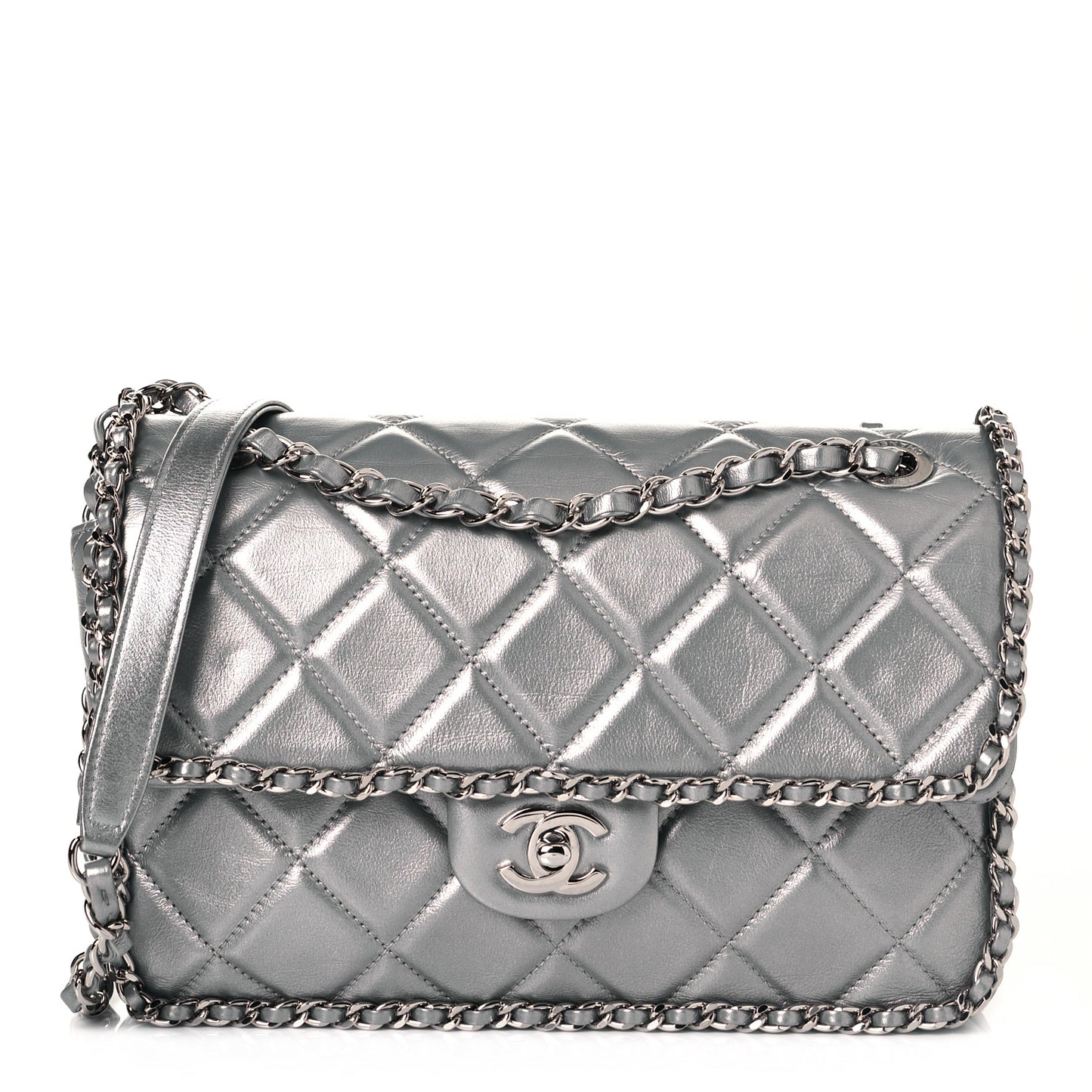 Metallic Lambskin Medium Chain All Over Flap Silver