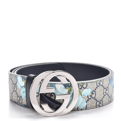 Gucci GG Supreme Monogram Blooms Interlocking G Belt 110 44 Beige Blue Navy 1 of 7