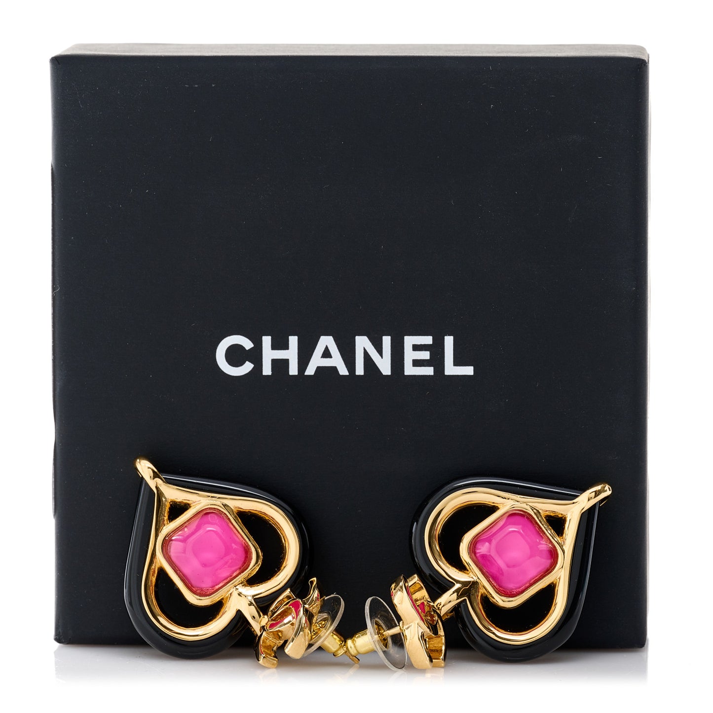 Resin Heart CC Drop Earrings Black Pink Gold