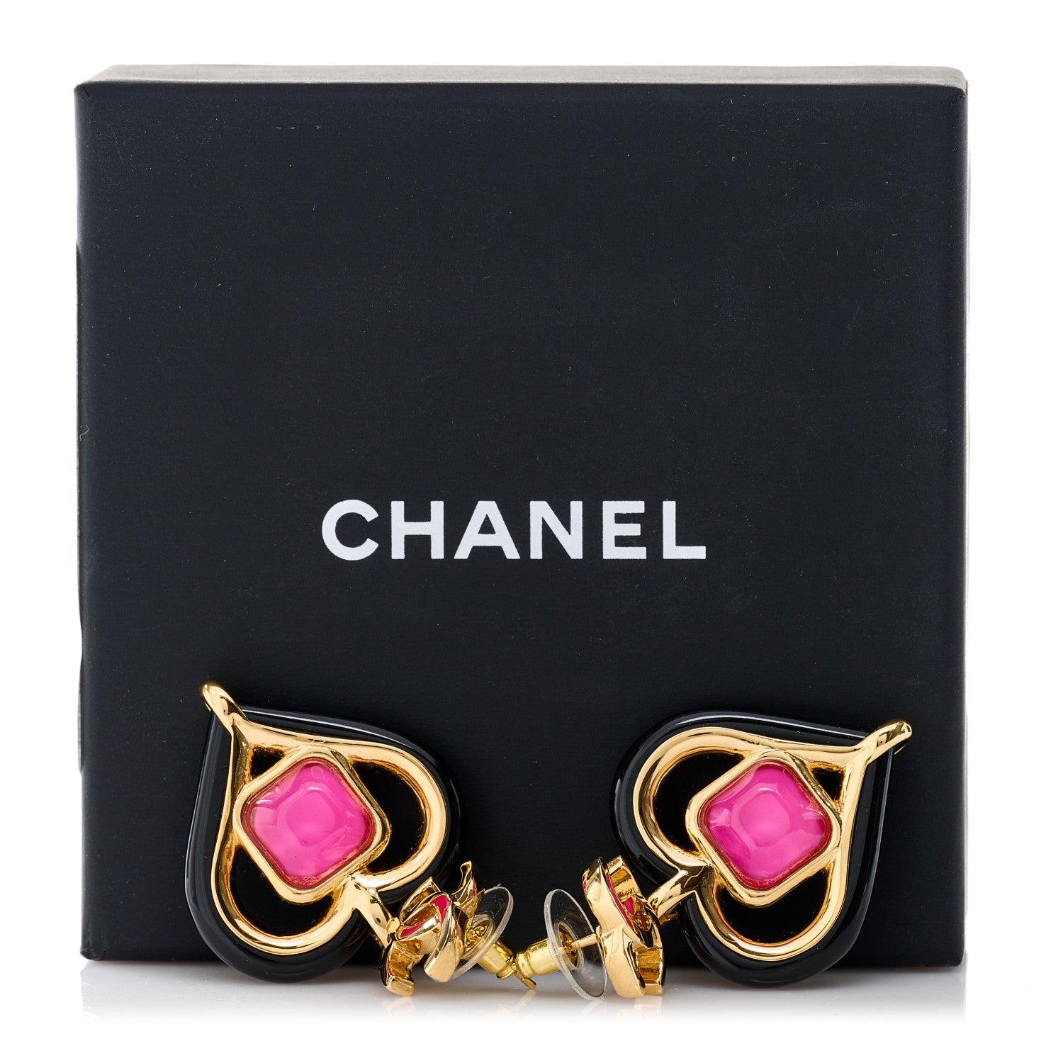 Chanel Resin Heart CC Drop Earrings Black Pink Gold 5 of 5