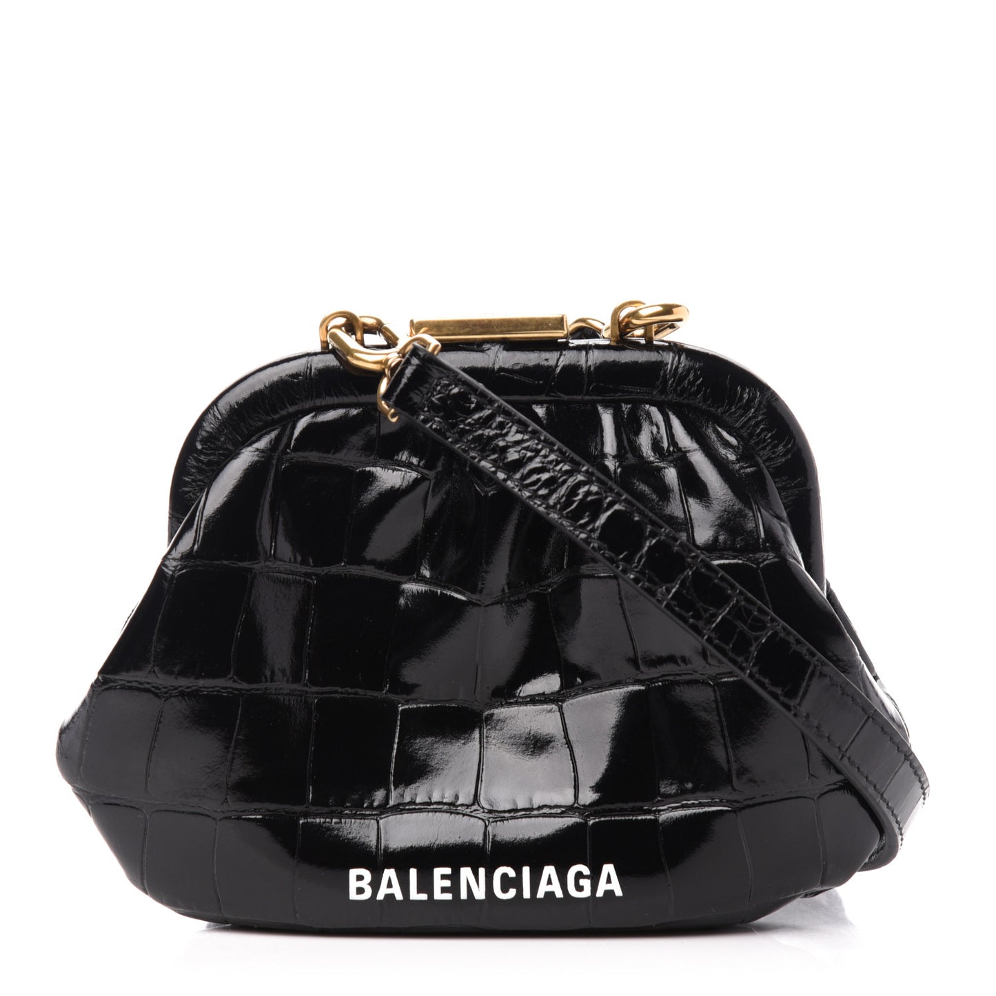 Shiny Supple Calfskin Logo Crocodile Embossed Cloud Coin Purse With Strap Black White