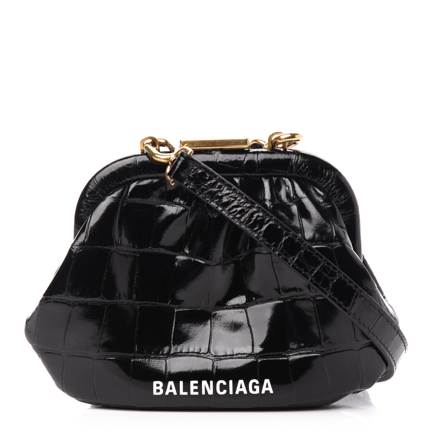 Balenciaga Shiny Supple Calfskin Logo Crocodile Embossed Cloud Coin Purse With Strap Black White 1 of 10